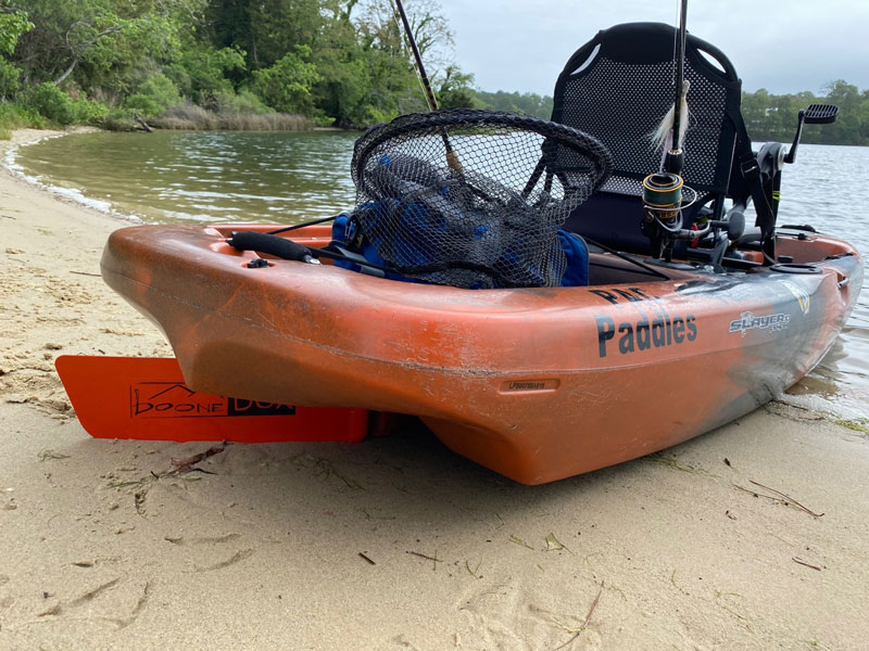 upgraded kayak rudder for better steering on a fishing kayak