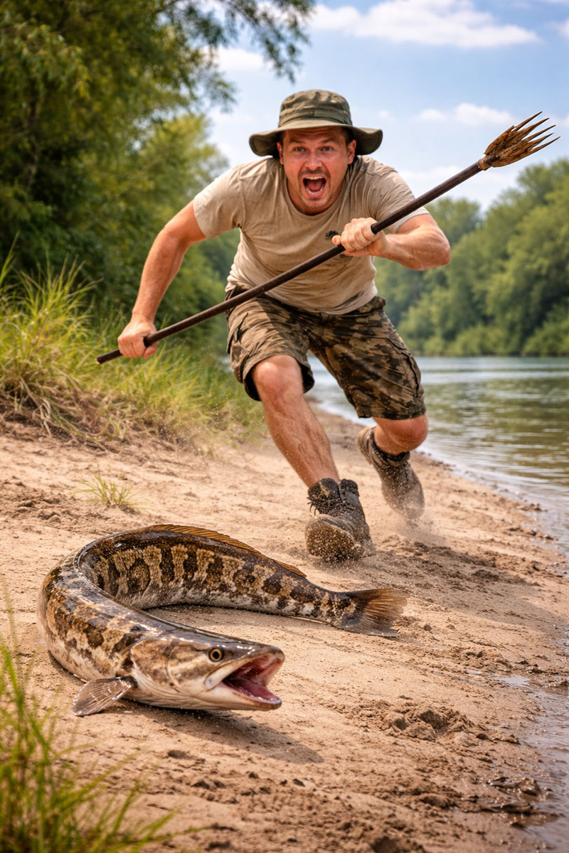 a guy chasing a sneakhead with a spear